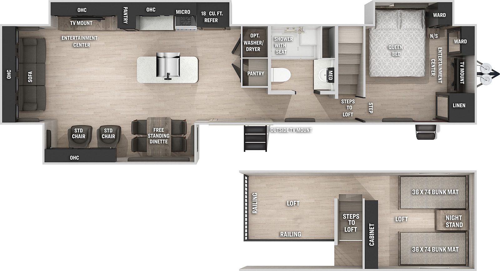 Photo of a Cherokee 39DL Floor plan with 2nd floor loft. Camper Design Trends in 2021