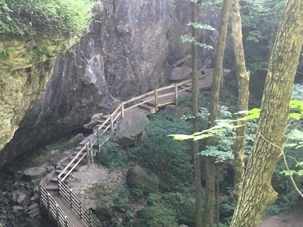 The valley and trail boardwalk south of Dancehall Cave at the Maquoketa Caves.