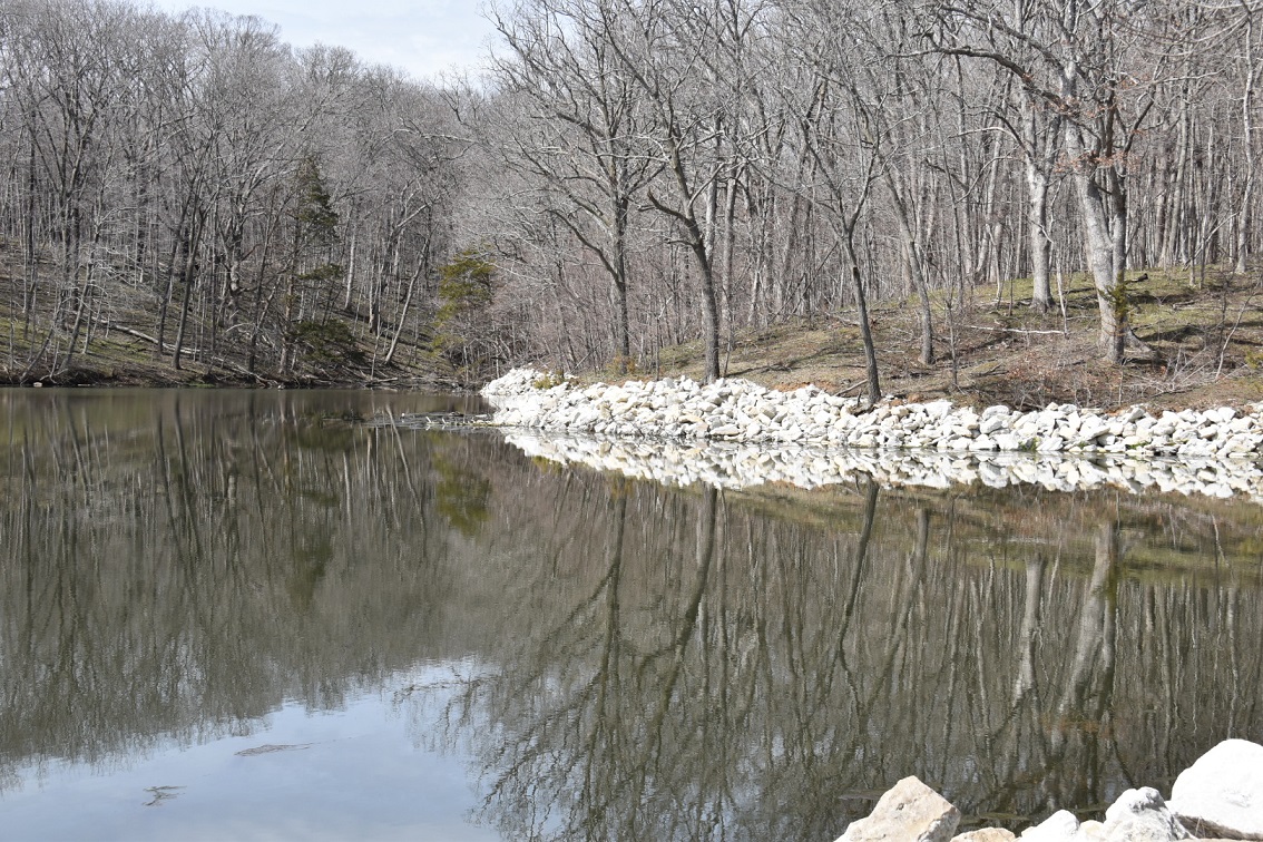 A lake with white stone shoreline, with trees in a mirror image.