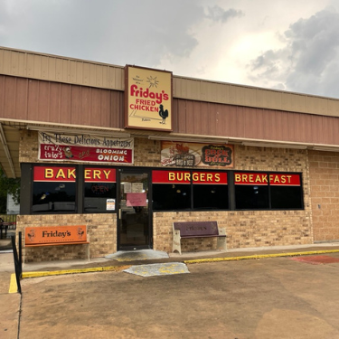 Shiner Texas has Friday's Fried Chicken home of the famous Cock and Bull Sandwich, half chicken - half burger - and fresh made pies.