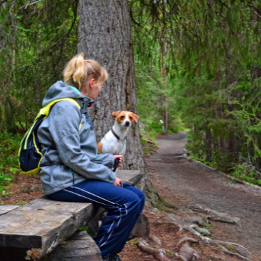 Woman with blond hair and a jacket sitting on a bench in a park with her small dog going on a hike from the top 5 pet travel sites
