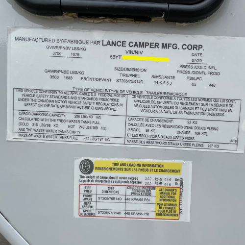 Image of camper, trailler, RV VIN and manufacturer details