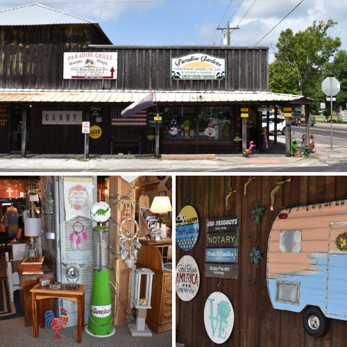 Three images are shown of Paradise Gardens local gift shop and boutique.  Colorful gift items are displayed.