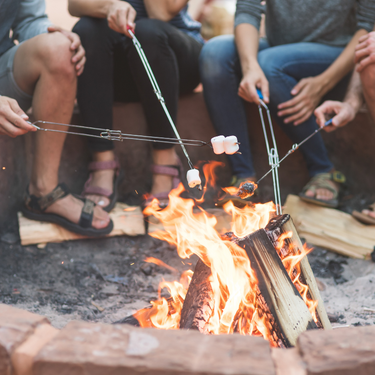 A group gathers around a campfire roasting marshmallows.