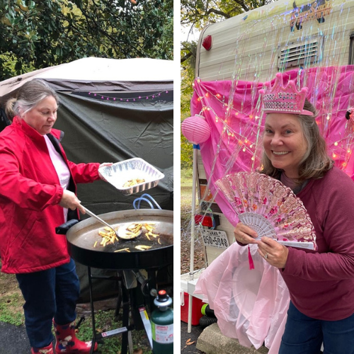 Lisa Dempsey cooking a meal in a Firedisc cooker and dressing up in a pink crown for a photo booth picture