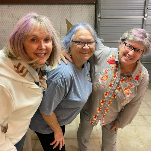 Pink, purple, a blue hair paint decorate three friends - Bonnie Shafto, Lisa Sostack, and Sharon Cutbirth at Sip Sip Hooray in Fredericksburg, Tx