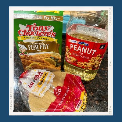 An assortment of items for frying fish tacos, including corn tortillas, Fish Fry Mix, and Peanut Oil.