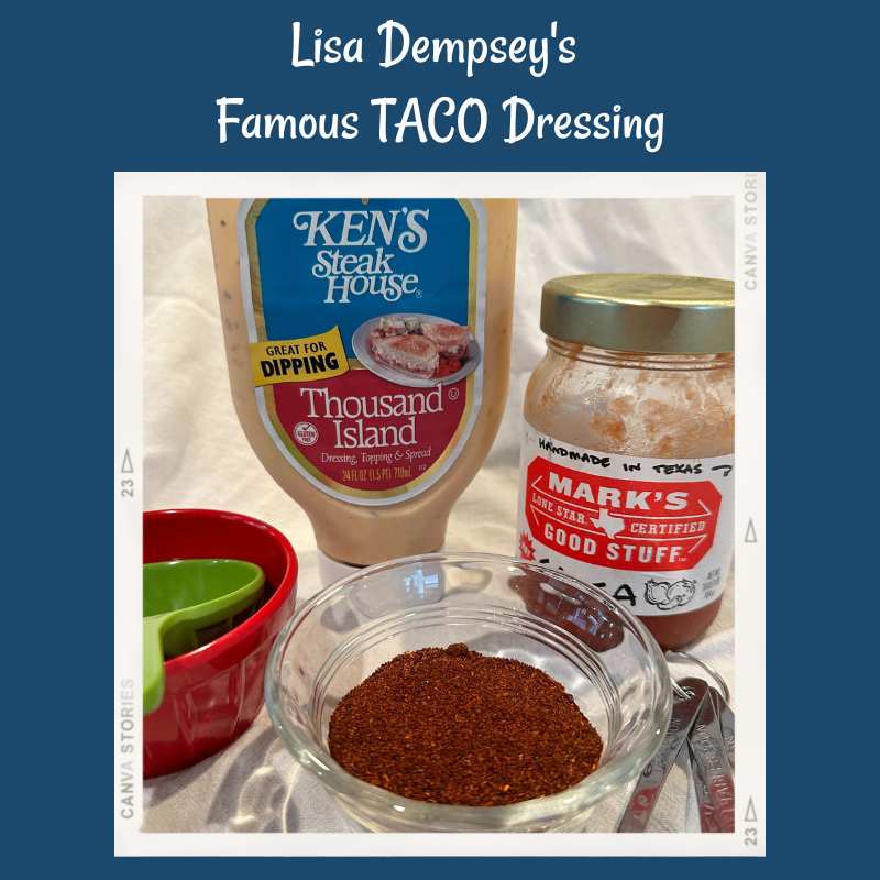 Pictured is Ken's Brand Thousand Island Dressing, Mark's Branks Salsa, a bowl with chili powder and measuring cups and spoons.