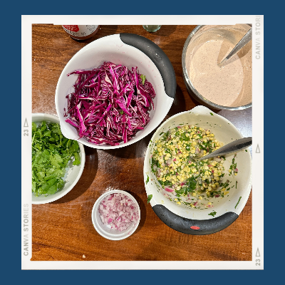 Fish Tacos Toppings include red cabblage, chopped cilantro, red onion, corn salsa, and secret sauce.