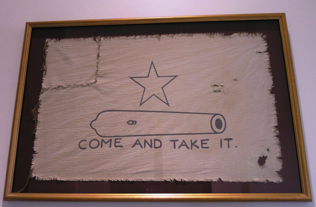 A replica of the Come and Take It Flag hangs in the Texas State Capitol.