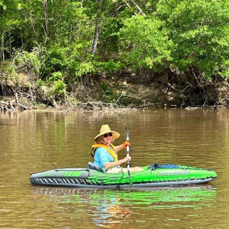 Lisa Sostack in her Intek Challenger Inflatable Kayak on Village Creek in the Big Thicket, Texas.