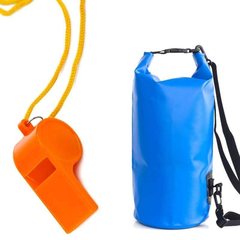 orange safety whistle and a blue dry bag for storing items on a boat.