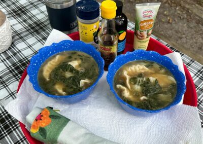 easy Asian Dumpling Soup image with two blue bowls of soup with potstickers and bok choy