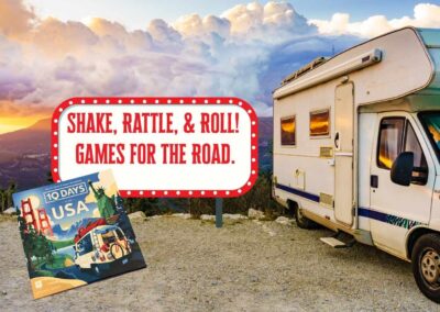 Games for the Road with a class c camper overlooking the mountains and box of ten days across the USA game