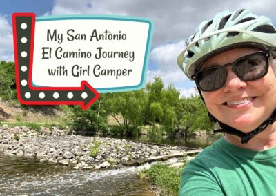 Lisa Dempsey in bike helmet along the san antonio mission trail